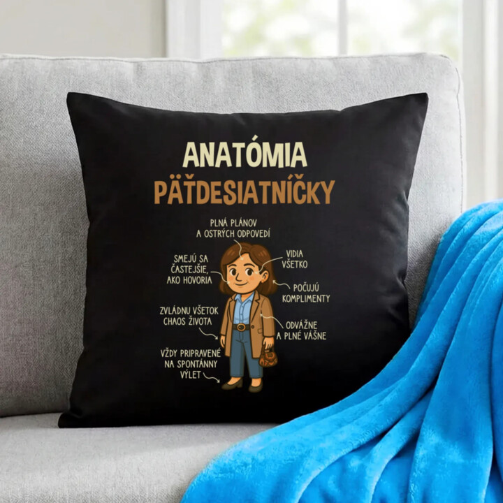 Anatómia päťdesiatníčky - čierny vankúš s potlačou
