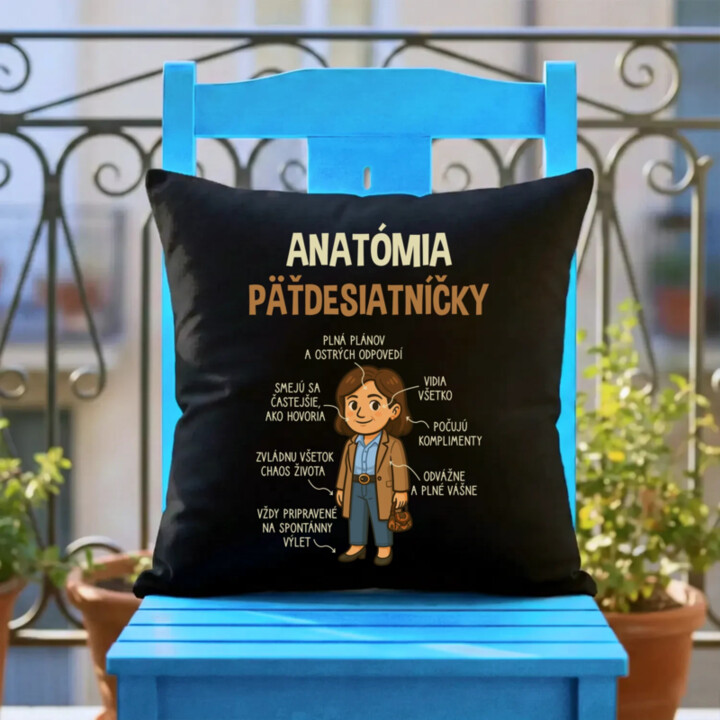 Anatómia päťdesiatníčky - čierny vankúš s potlačou