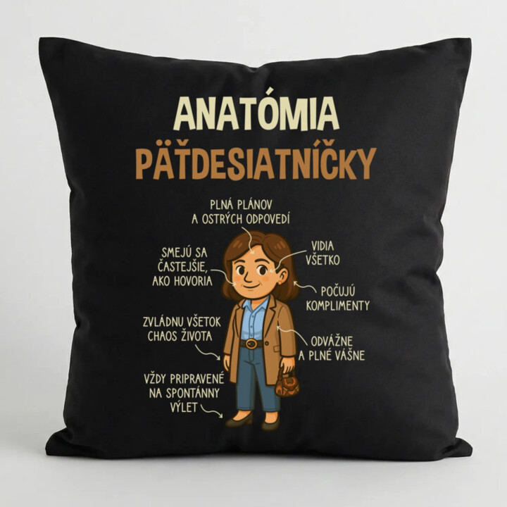 Anatómia päťdesiatníčky - čierny vankúš s potlačou