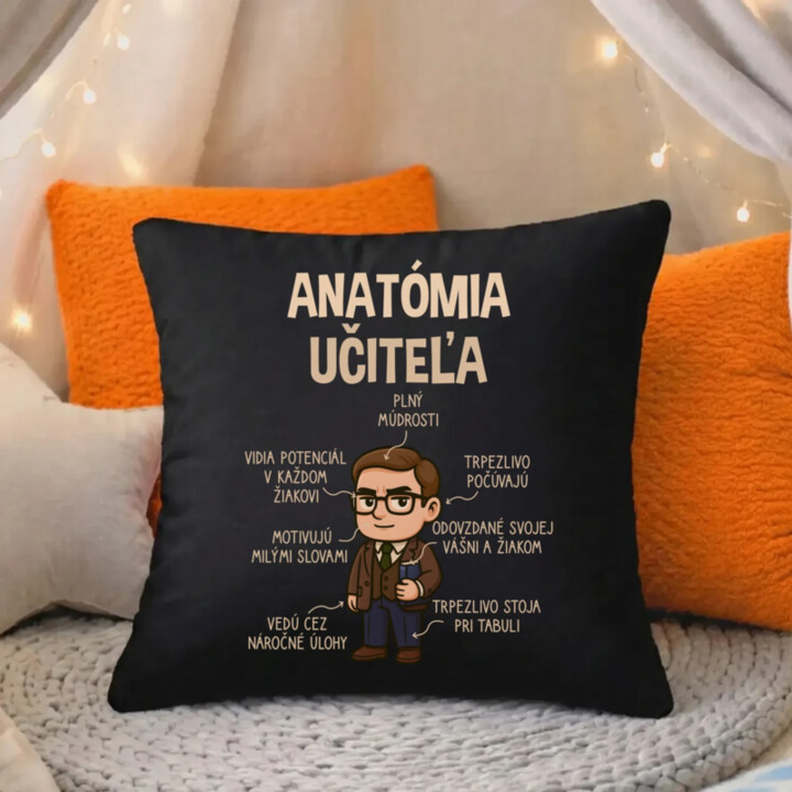 Anatómia učiteľa - čierny vankúš s potlačou