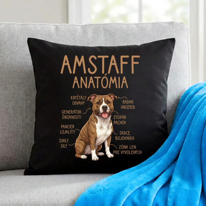 Amstaff anatómia - čierny vankúš s potlačou
