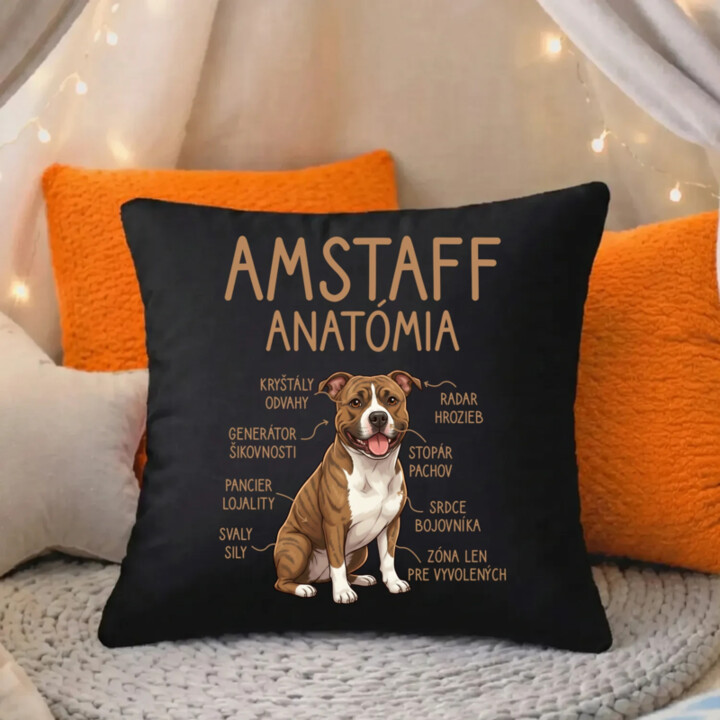 Amstaff anatómia - čierny vankúš s potlačou