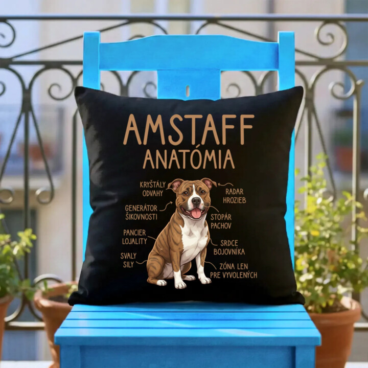 Amstaff anatómia - čierny vankúš s potlačou