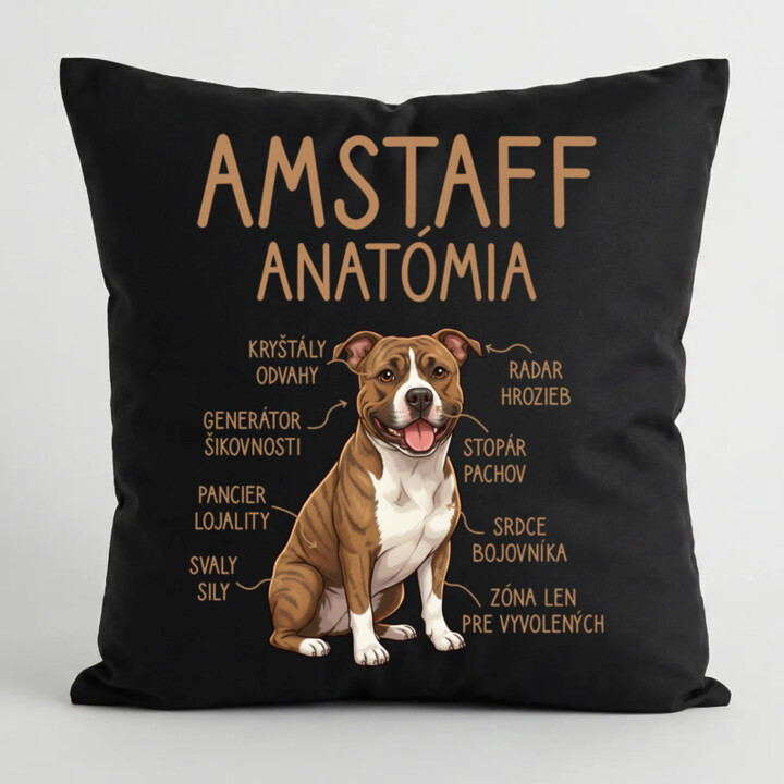Amstaff anatómia - čierny vankúš s potlačou