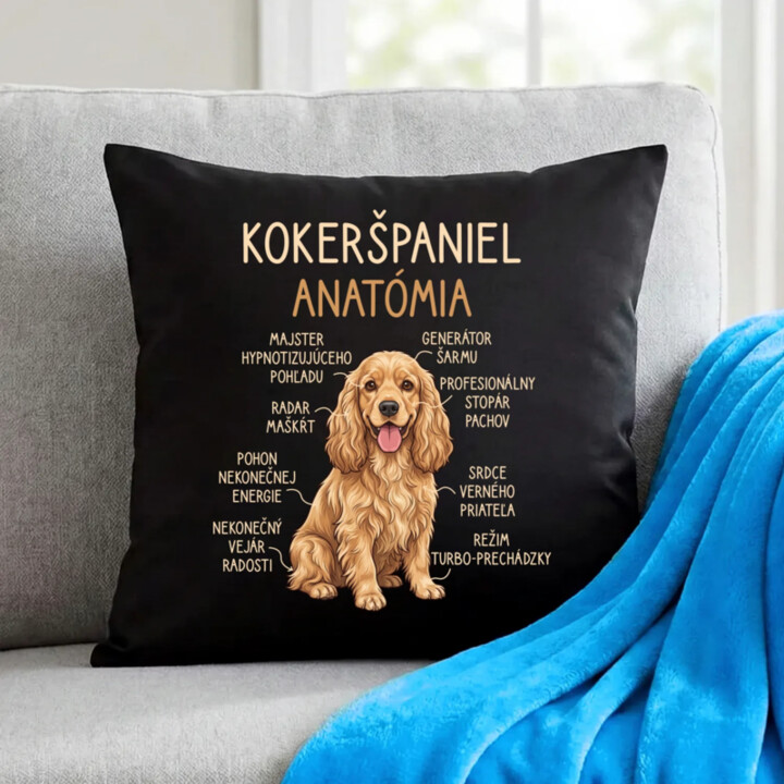 Kokeršpaniel – anatómia - čierny vankúš s potlačou