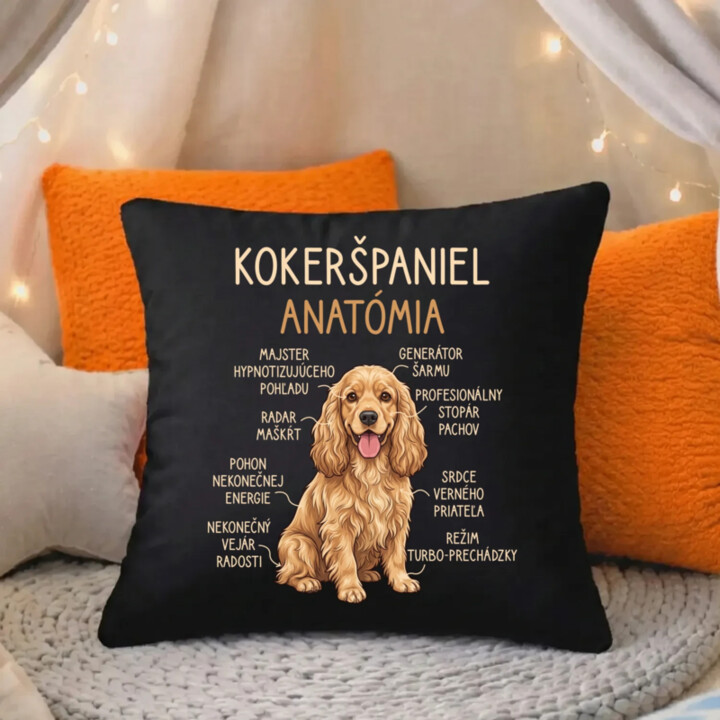 Kokeršpaniel – anatómia - čierny vankúš s potlačou