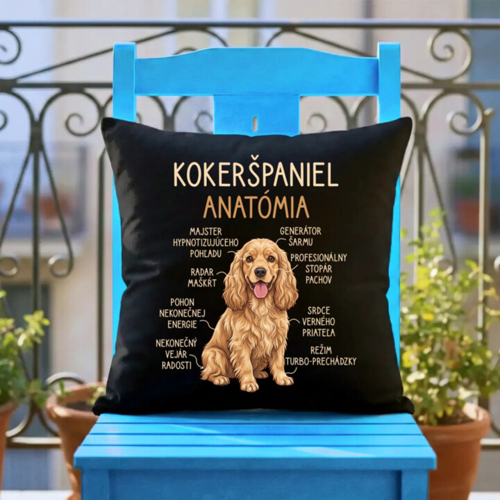 Kokeršpaniel – anatómia - čierny vankúš s potlačou