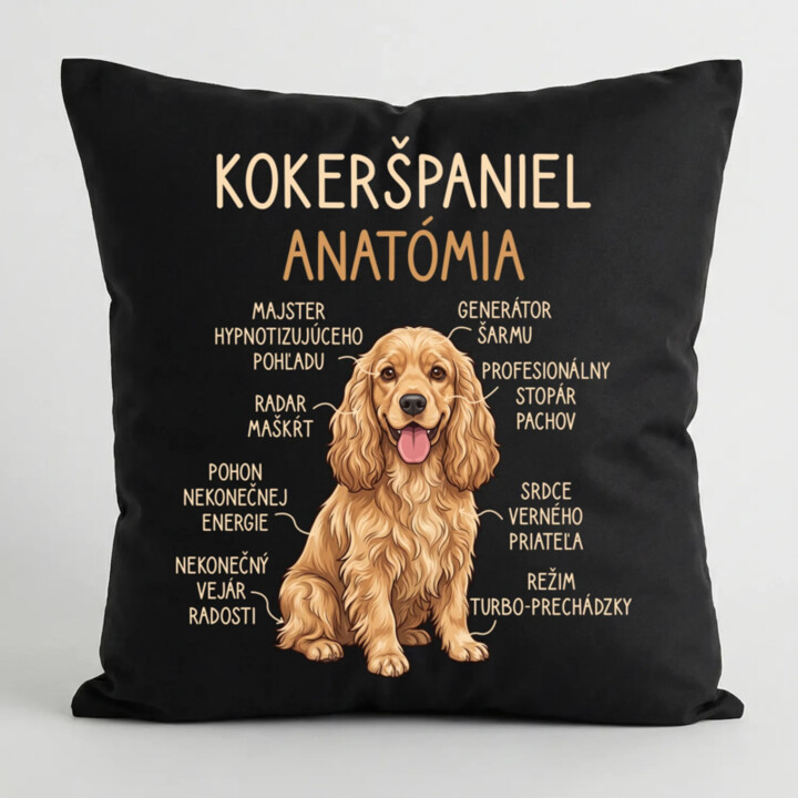 Kokeršpaniel – anatómia - čierny vankúš s potlačou