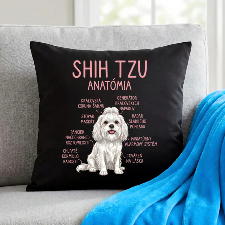 Shih Tzu – anatómia - čierny vankúš s potlačou