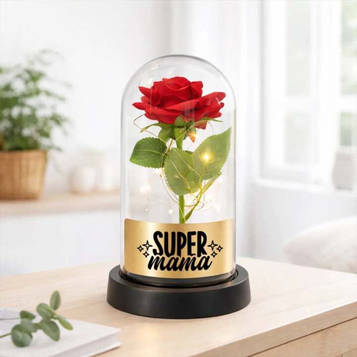 Super mama - večná ruža pod skleneným poklopom s gravírovaním