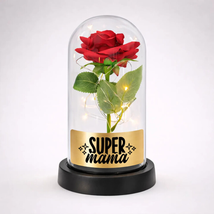 Super mama - večná ruža pod skleneným poklopom s gravírovaním