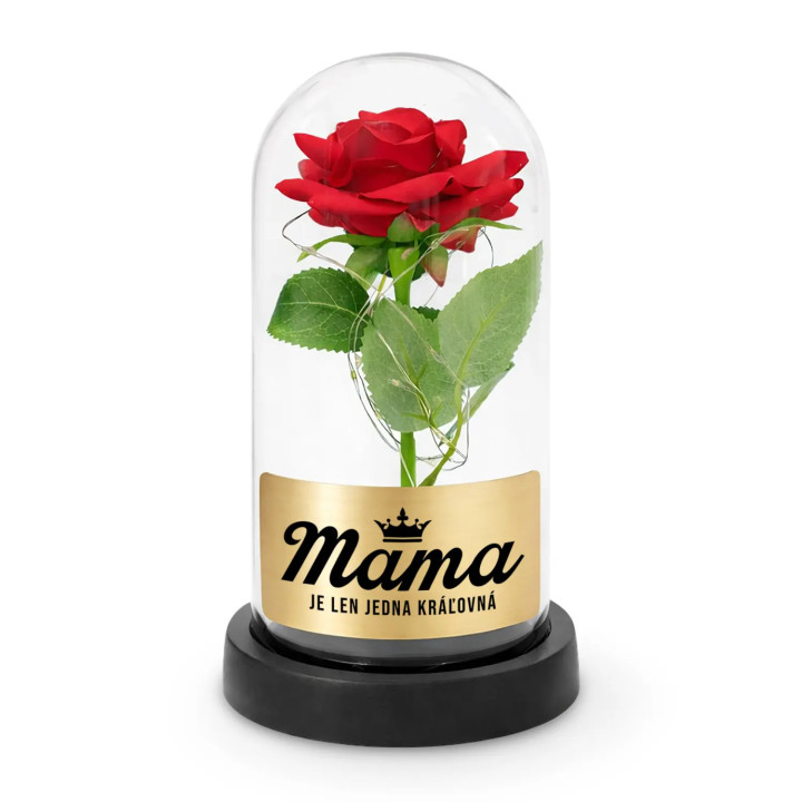 Mama - je len jedna kráľovná - večná ruža pod skleneným poklopom s gravírovaním
