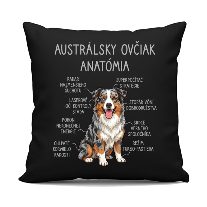Austrálsky ovčiak – anatómia - čierny vankúš s potlačou