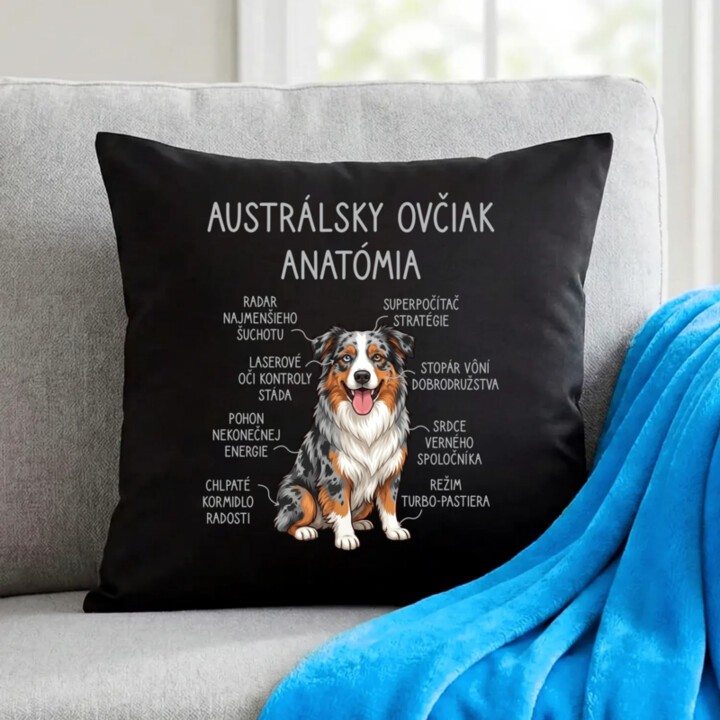 Austrálsky ovčiak – anatómia - čierny vankúš s potlačou