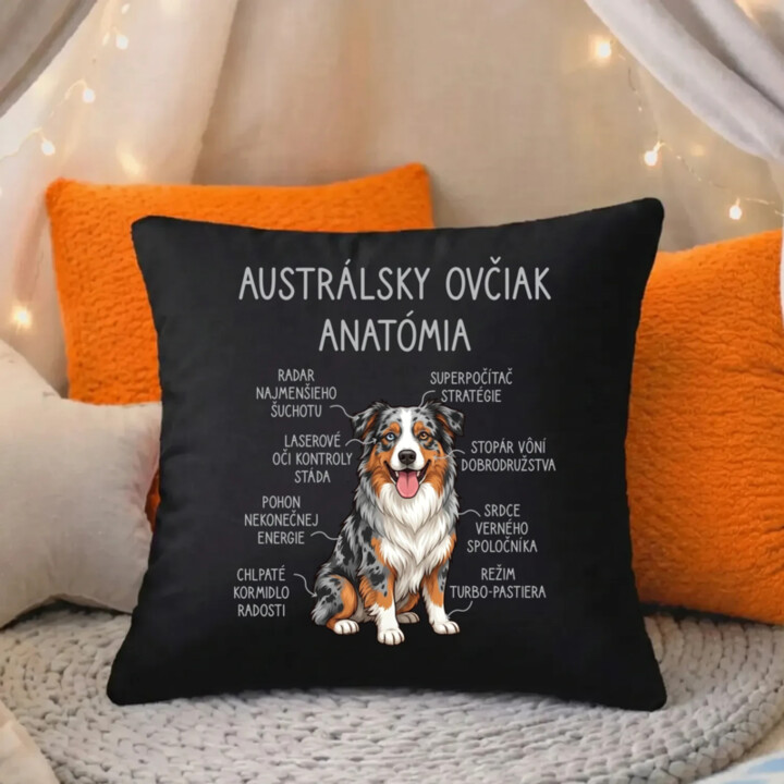 Austrálsky ovčiak – anatómia - čierny vankúš s potlačou