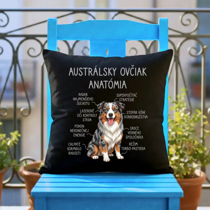 Austrálsky ovčiak – anatómia - čierny vankúš s potlačou