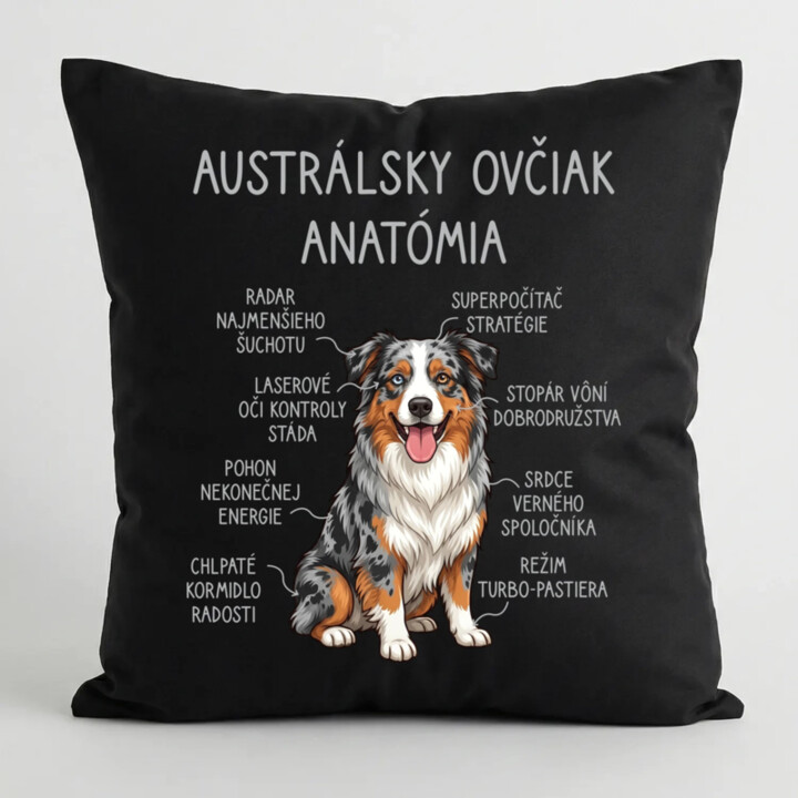 Austrálsky ovčiak – anatómia - čierny vankúš s potlačou