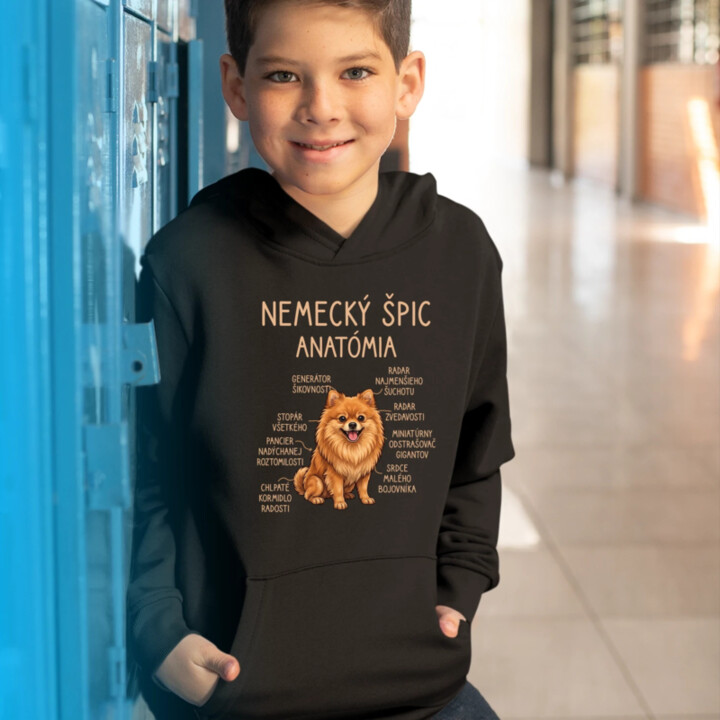 Nemecký špic – anatómia - detská mikina s kapucňou
