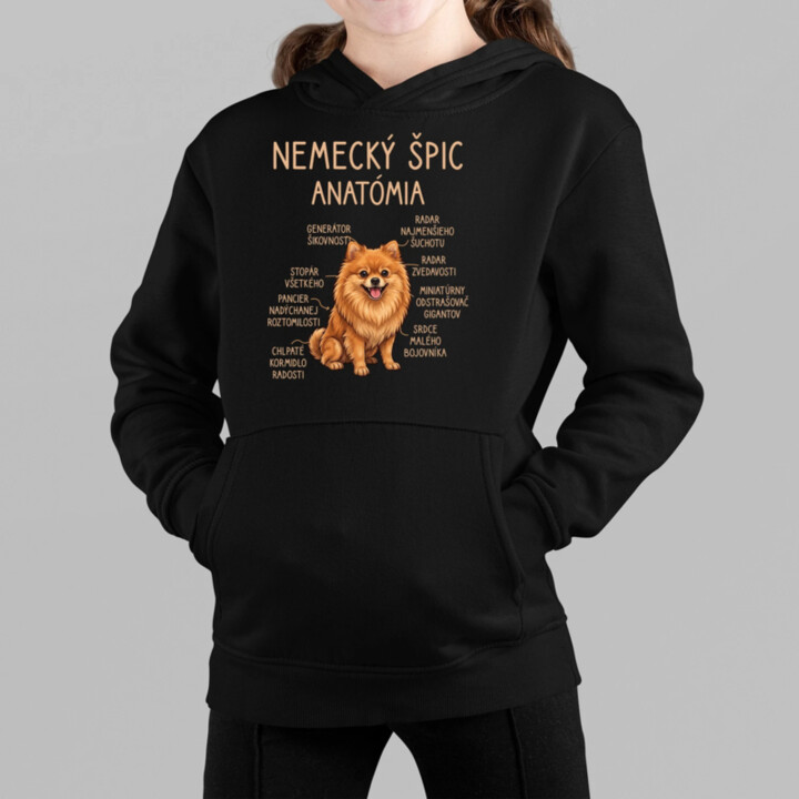 Nemecký špic – anatómia - detská mikina s kapucňou