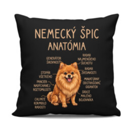 Nemecký špic – anatómia - čierny vankúš s potlačou