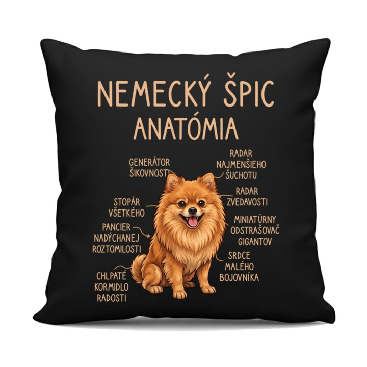 Nemecký špic – anatómia - čierny vankúš s potlačou