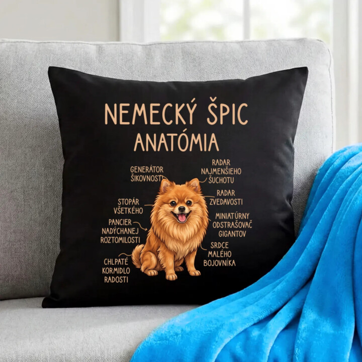 Nemecký špic – anatómia - čierny vankúš s potlačou