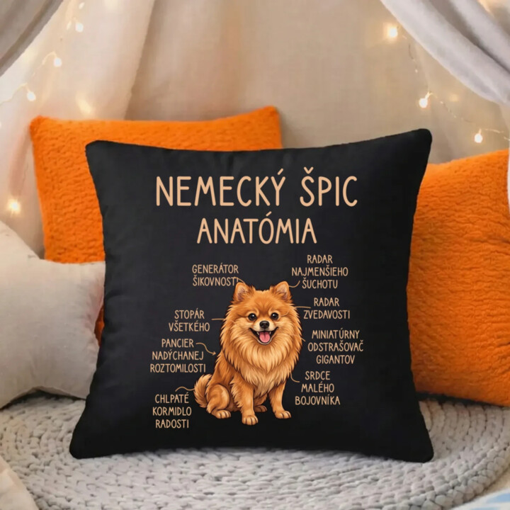 Nemecký špic – anatómia - čierny vankúš s potlačou