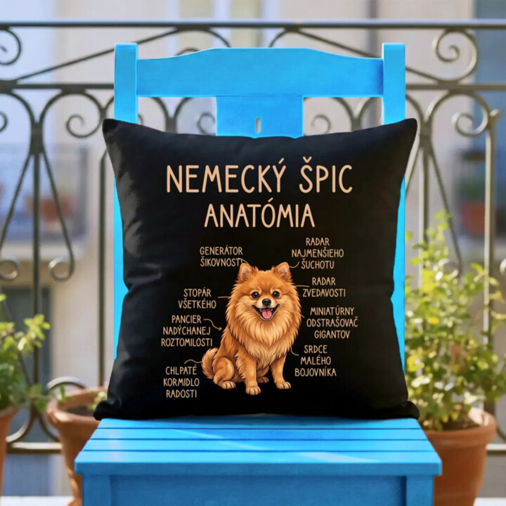 Nemecký špic – anatómia - čierny vankúš s potlačou