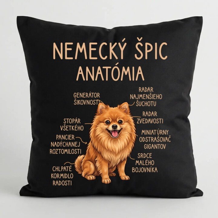 Nemecký špic – anatómia - čierny vankúš s potlačou