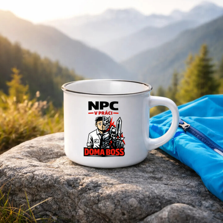 NPC v práci, doma boss  - smaltovaný hrnček s potlačou