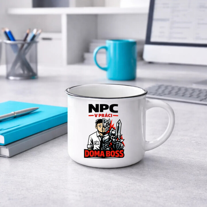 NPC v práci, doma boss  - smaltovaný hrnček s potlačou
