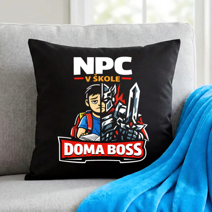 NPC v škole, doma boss - čierny vankúš s potlačou