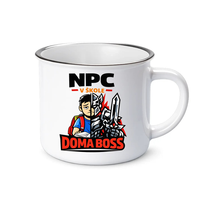 NPC v škole, doma boss  - smaltovaný hrnček s potlačou