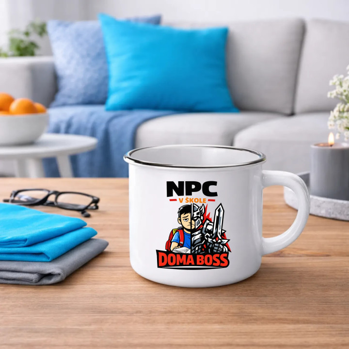 NPC v škole, doma boss  - smaltovaný hrnček s potlačou
