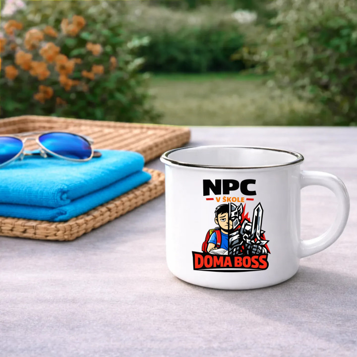 NPC v škole, doma boss  - smaltovaný hrnček s potlačou