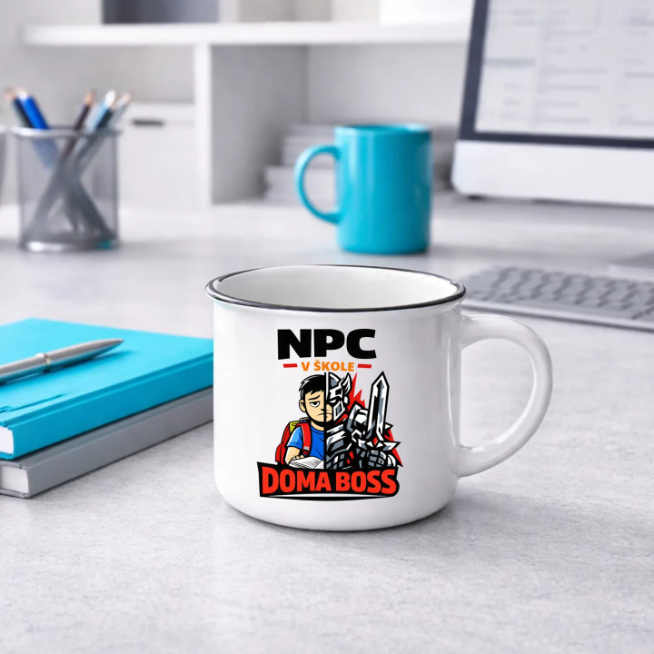 NPC v škole, doma boss  - smaltovaný hrnček s potlačou