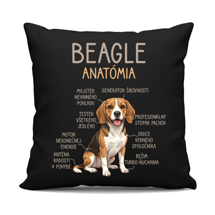 Beagle – anatómia  - čierny vankúš s potlačou