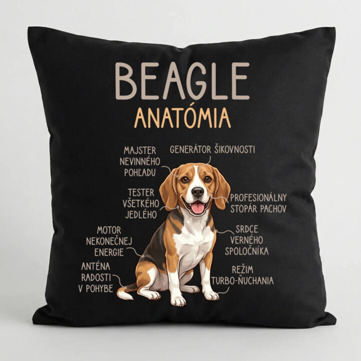 Beagle – anatómia  - čierny vankúš s potlačou