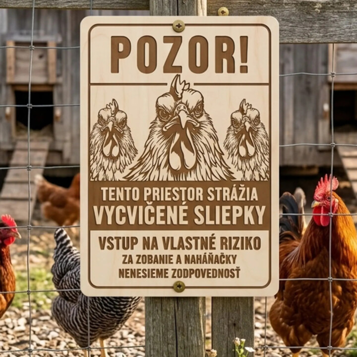 Pozor! Tento priestor strážia vycvičené sliepky - drevená tabuľka s gravírovaním