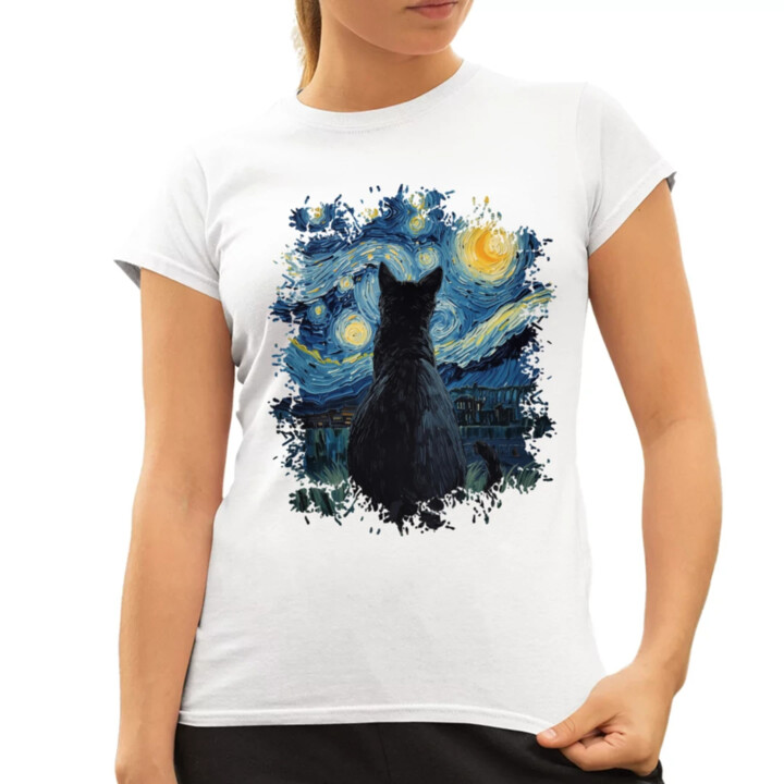 Kočka inšpirovaná Van Goghom - dámske tričko s potlačou