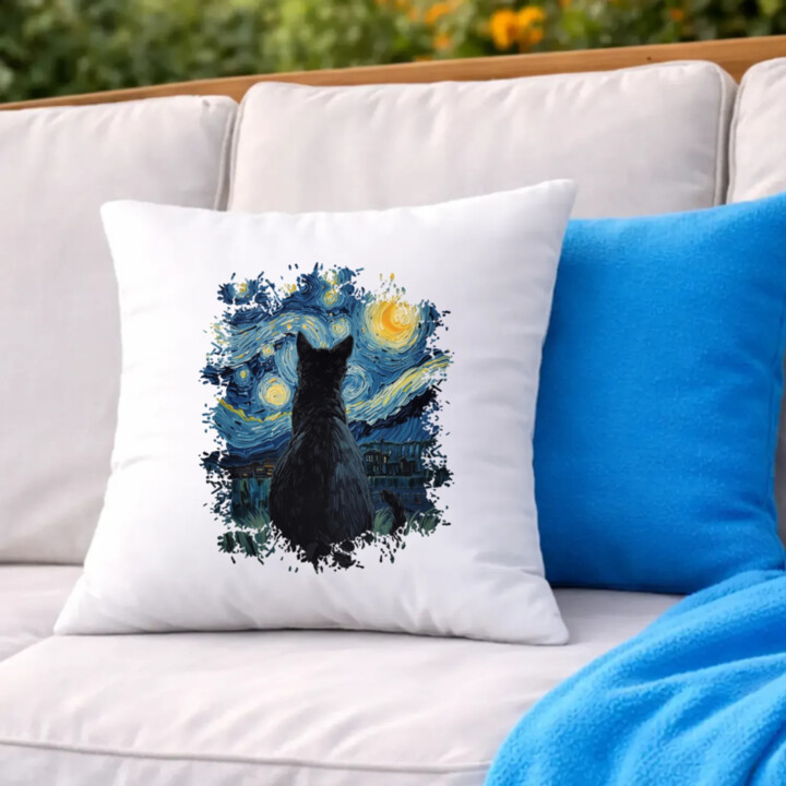 Kočka inšpirovaná Van Goghom - vankúš s potlačou