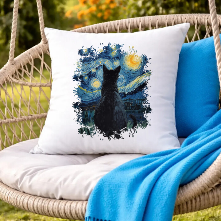 Kočka inšpirovaná Van Goghom - vankúš s potlačou