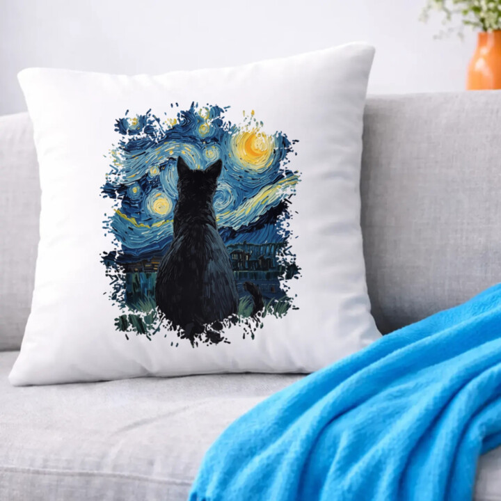 Kočka inšpirovaná Van Goghom - vankúš s potlačou