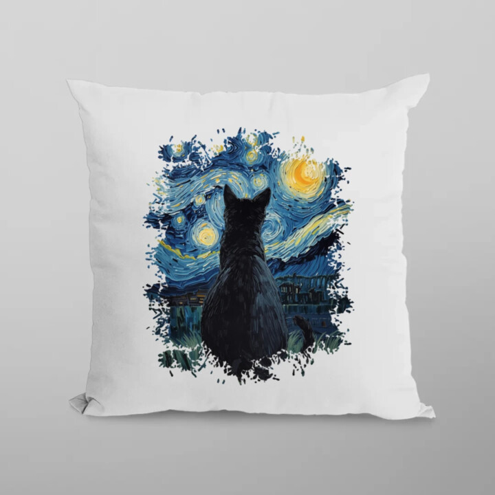 Kočka inšpirovaná Van Goghom - vankúš s potlačou