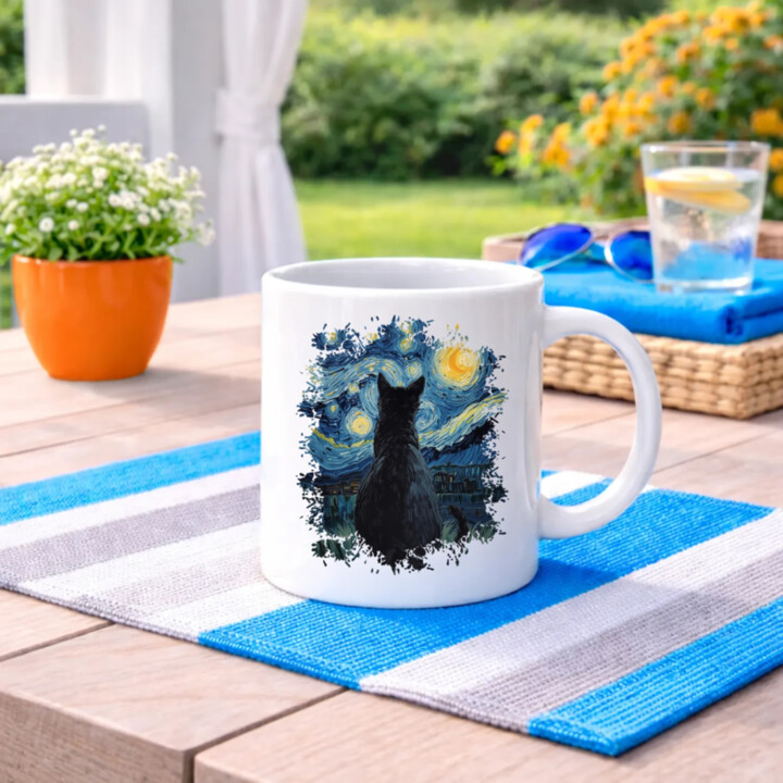 Kočka inšpirovaná Van Goghom - keramický hrnček s potlačou