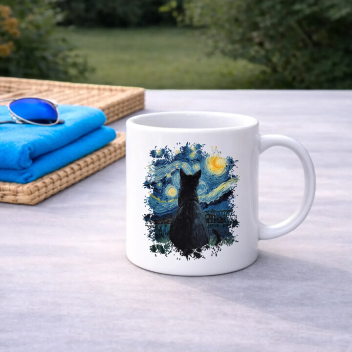 Kočka inšpirovaná Van Goghom - keramický hrnček s potlačou