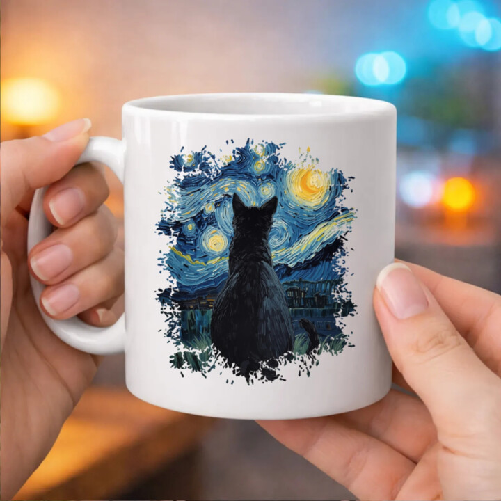 Kočka inšpirovaná Van Goghom - keramický hrnček s potlačou
