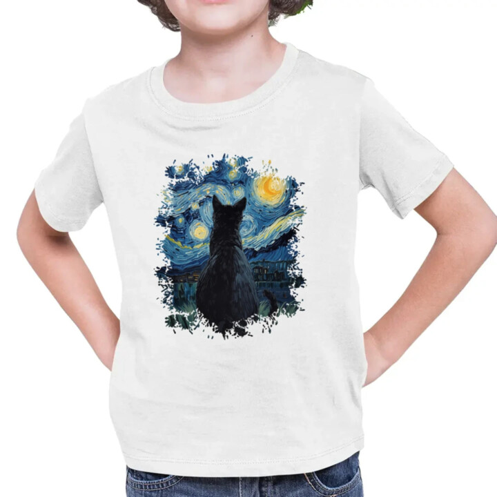 Kočka inšpirovaná Van Goghom - detské tričko s potlačou