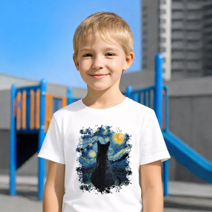 Kočka inšpirovaná Van Goghom - detské tričko s potlačou