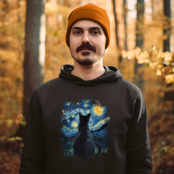 Kočka inšpirovaná Van Goghom  - pánska mikina s potlačou
